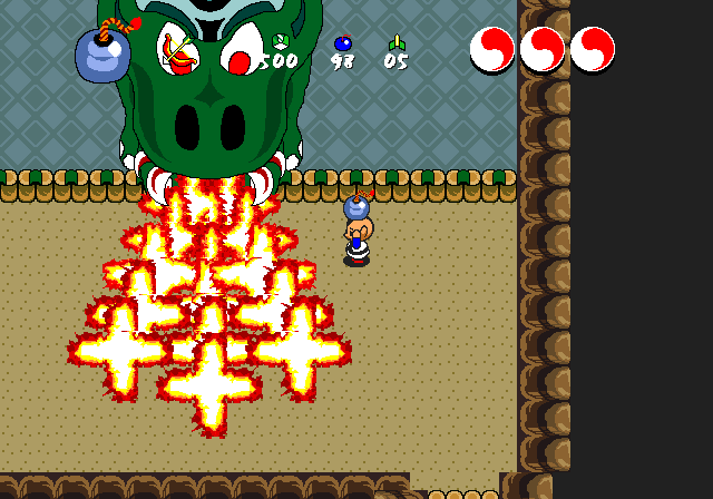 A GraalOnline player facing a fire-breathing dragon boss in a dungeon